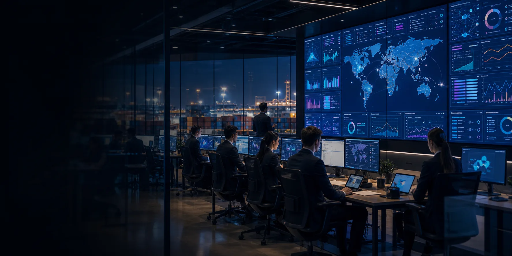 Operations command center with monitoring dashboards