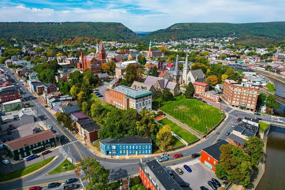 Aerial view of Cumberland, Maryland in the Allegheny mountains